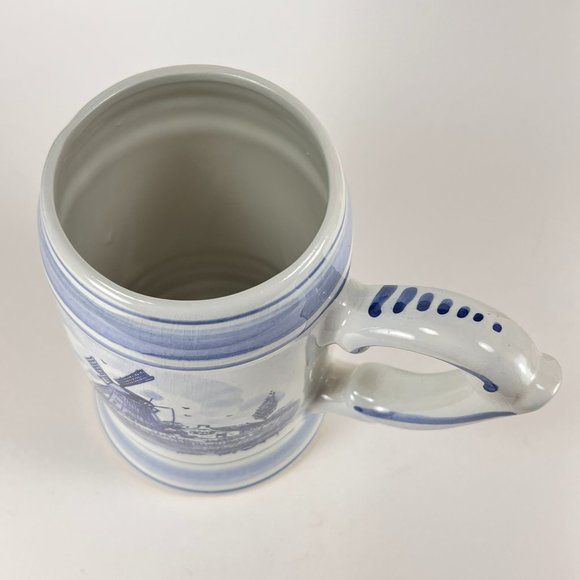 Vintage Delft Blue Beer Stein Mug Windmill Floral Hand Painted Ceramic 32 oz - Picture 8 of 16